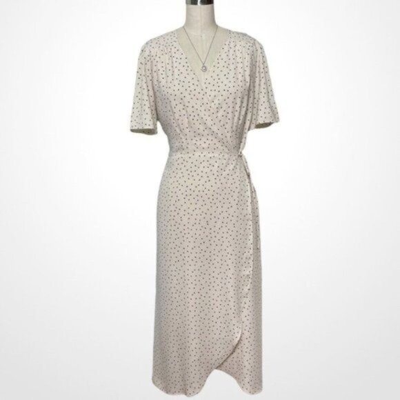 Everly Cream Polka Dot Print Midi Wrap Dress Large - Picture 2 of 9